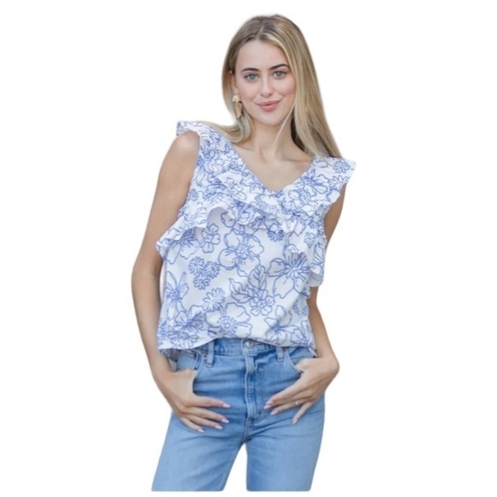 NWT Michelle McDowell Laura Top Blue & White Florals "Fresh Feelings Cornflower"